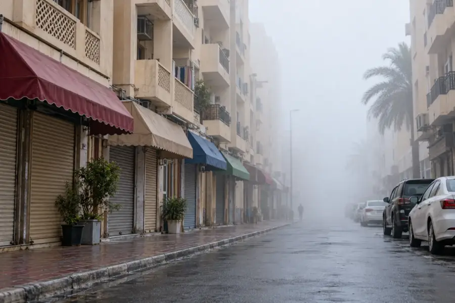 شارع من المحال الصغيرة في ديرة وسط ضباب الصباح الكثيف