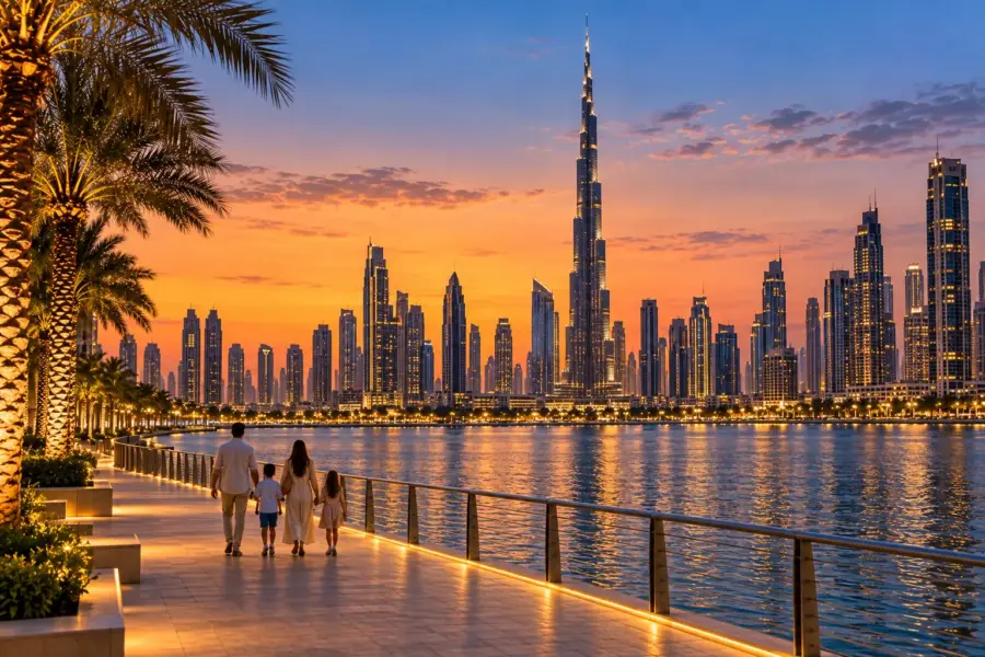 A family walking away along a waterfront promenade in Dubai at dusk
