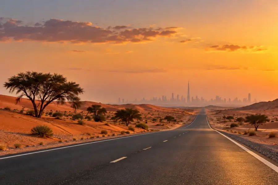 الطريق الخارج من دبي نحو الصحراء في آخر ضوء النهار